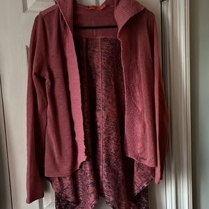 PrAna hooded waterfall style cardigan pink with black print design size Small